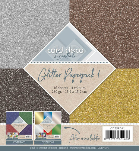 Card Deco Essentials Glitter-Paper-Pack I 6x6" 230g/m² 16 Blatt